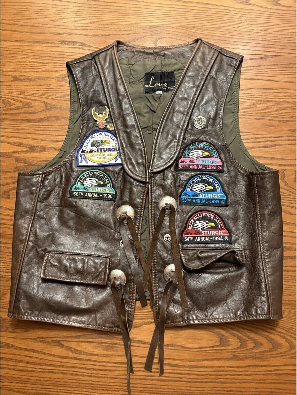 Vintage Lesco Leathers Sturgis HOG Patches Motorcycle Vest Sz 48 90s